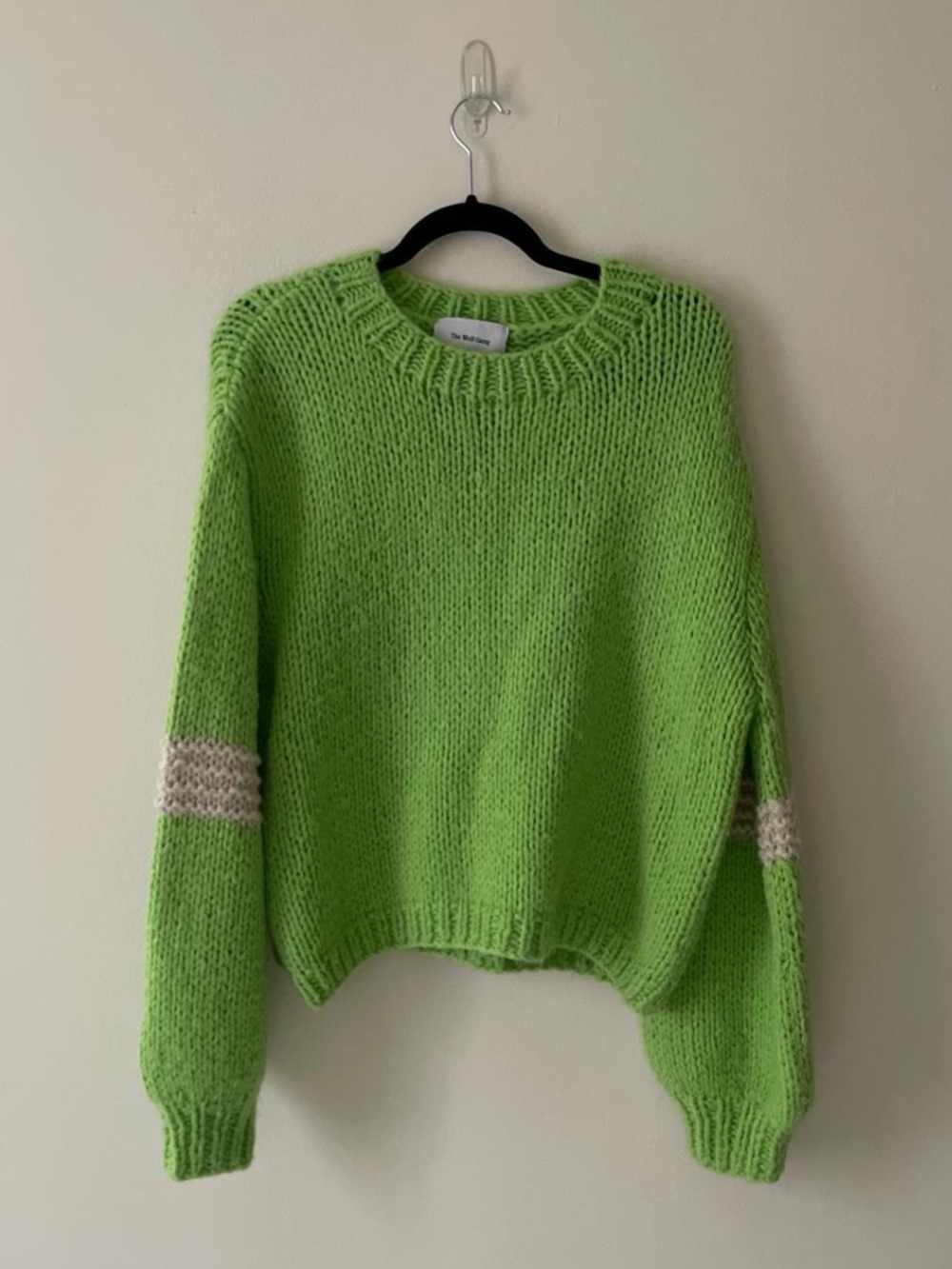 Bright Green Crewneck Sweater with Cream Sleeve Stripes